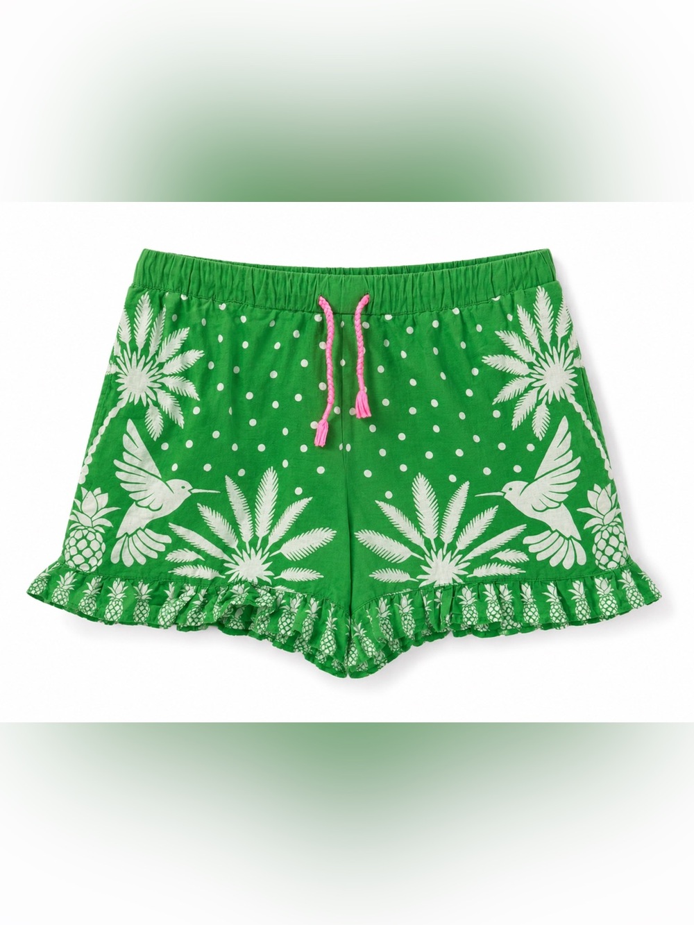 Mini Boden Green Tropical Hummingbird Ruffle Shorts with Pink Drawstring